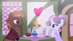 Size: 1280x720 | Tagged: safe, artist:mlplary6, derpibooru import, button mash, sweetie belle, earth pony, pony, unicorn, clothes, date, donut, dress, drink, female, flower, food, heart, image, looking at each other, looking at someone, male, mare, older, older button mash, older sweetie belle, png, shipping, smiling, smiling at each other, stallion, straight, sweetiemash