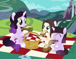 Size: 1280x1005 | Tagged: safe, artist:cindydreamlight, derpibooru import, oc, oc:cindy, unofficial characters only, pegasus, pony, unicorn, basket, female, filly, foal, food, image, jpeg, mare, picnic basket, picnic blanket, sandwich