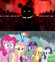 Size: 1920x2160 | Tagged: safe, derpibooru import, edit, edited screencap, screencap, applejack, fluttershy, pinkie pie, rainbow dash, rarity, spike, twilight sparkle, twilight sparkle (alicorn), alicorn, earth pony, pegasus, pony, unicorn, season 9, the ending of the end, spoiler:s09, 3d, army, comparison, five nights at freddy's, image, mane seven, mane six, png, portal, shadow freddy, shadow general, source filmmaker, the special strike, thehottest dog