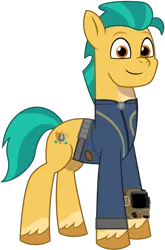 Size: 1024x1553 | Tagged: safe, artist:ponygamer2020, derpibooru import, hitch trailblazer, earth pony, pony, fallout equestria, my little pony: tell your tale, absurd resolution, clothes, cute, fallout, female, g5, hitchbetes, hooves, image, jumpsuit, looking at you, male, mare, pipboy, png, show accurate, simple background, smiling, smiling at you, solo, stallion, standing, tail, transparent background, unshorn fetlocks, vault suit, vector