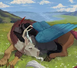 Size: 640x566 | Tagged: safe, artist:ghoulhowls, derpibooru import, discord, king sombra, draconequus, pony, curled up, detailed background, gay, image, lake, lying down, male, mountain, png, shipping, sleeping, sleeping together, snuggling, sombracord, stallion