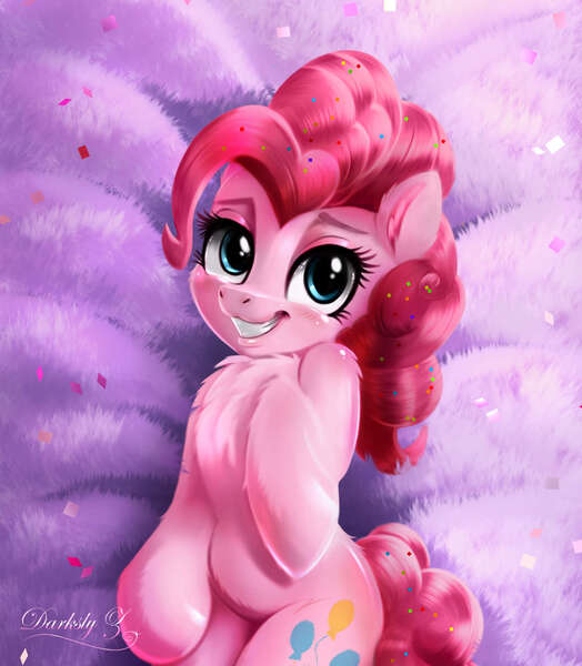 Size: 1772x2029 | Tagged: safe, artist:darksly, derpibooru import, pinkie pie, earth pony, pony, bedroom eyes, body pillow, body pillow design, chest fluff, confetti, cute, diapinkes, female, grin, image, jpeg, mare, smiling, solo