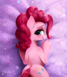 Size: 1772x2029 | Tagged: safe, artist:darksly, derpibooru import, pinkie pie, earth pony, pony, balloonbutt, bedroom eyes, blushing, body pillow, body pillow design, butt, confetti, cute, diapinkes, female, image, jpeg, mare, plot, solo