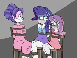 Size: 1280x956 | Tagged: safe, artist:reimon-master-ii, derpibooru import, cookie crumbles, rarity, sweetie belle, equestria girls, blushing, cloth gag, clothes, equestria girls-ified, female, gag, image, jpeg, mother and child, mother and daughter, pajamas, rope, ropes, tied to chair, tied up, trio, worried