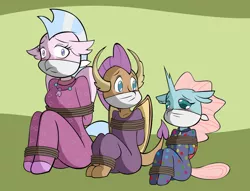 Size: 1280x976 | Tagged: safe, artist:reimon-master-ii, derpibooru import, ocellus, silverstream, smolder, changeling, dragon, hippogriff, cloth gag, clothes, cute, gag, image, jpeg, looking at someone, pajamas, sad, scared, sitting, smolderbetes, tied up, worried
