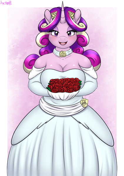 Size: 2500x3557 | Tagged: safe, artist:an-tonio, derpibooru import, princess cadance, anthro, bouquet, canterlot wedding 10th anniversary, clothes, dress, flower, image, png, rose, solo, wedding dress