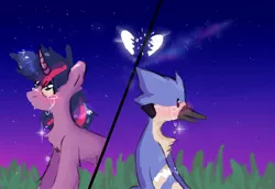 Size: 778x534 | Tagged: safe, artist:greatsunflow42, derpibooru import, twilight sparkle, aeroplanes and meteor showers, crossover, crossover shipping, female, image, jpeg, male, meme, mordecai, mordetwi, redraw mordetwi meme, regular show, shipping, straight
