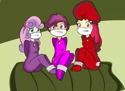 Size: 1280x933 | Tagged: safe, artist:reimon-master-ii, derpibooru import, apple bloom, scootaloo, sweetie belle, human, bondage, bound and gagged, cloth gag, clothes, cutie mark crusaders, gag, help, image, jpeg, looking at someone, looking at you, pajamas, sad, tied up, upset, worried