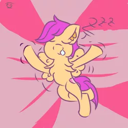 Size: 2000x2000 | Tagged: safe, derpibooru import, scootaloo, pegasus, pony, abstract background, cute, cutealoo, cutie mark, happy, image, onomatopoeia, png, scootaloo can fly, sleeping, sleepwalking, sneezing, sound effects, zzz