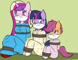 Size: 1280x991 | Tagged: safe, artist:reimon-master-ii, derpibooru import, princess cadance, scootaloo, twilight sparkle, alicorn, anthro, pegasus, unicorn, bondage, bound and gagged, cloth gag, clothes, gag, image, jpeg, looking at each other, looking at someone, pajamas, tied up, trio