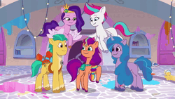 Size: 1920x1080 | Tagged: safe, derpibooru import, screencap, hitch trailblazer, izzy moonbow, pipp petals, sunny starscout, zipp storm, crab, earth pony, pegasus, pony, unicorn, a home to share, my little pony: tell your tale, spoiler:g5, spoiler:my little pony: tell your tale, spoiler:tyts01e01, animated, argyle starshine, bipedal, couch, eyes closed, female, filly, filly sunny starscout, flying, g5, grin, image, male, mane five (g5), mare, mobile phone, mouth hold, open mouth, open smile, phone, pillow, singing, smartphone, smiling, sound, spread wings, stallion, webm, wings, younger