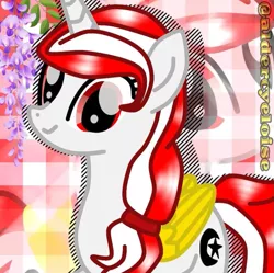 Size: 719x717 | Tagged: safe, artist:tialtri, derpibooru import, oc, oc:sinar bulan indonesia, alicorn, pony, alicorn oc, colored wings, flower, hair tie, horn, image, indonesia, png, smiling, solo, watermark, white skin, wings
