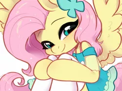 Size: 1440x1080 | Tagged: safe, artist:colorfulcolor233, derpibooru import, fluttershy, pegasus, pony, blushing, clothes, dress, equestria girls outfit, female, image, jpeg, looking at you, simple background, sitting, smiling, socks, solo, spread wings, thigh highs, white background, wings