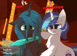 Size: 1800x1309 | Tagged: safe, artist:grithcourage, derpibooru import, queen chrysalis, shining armor, alicorn, unicorn, adorable face, canterlot wedding 10th anniversary, cute, duo, forgiveness, health bars, image, male and female, minecraft, nether (minecraft), png, sword, weapon