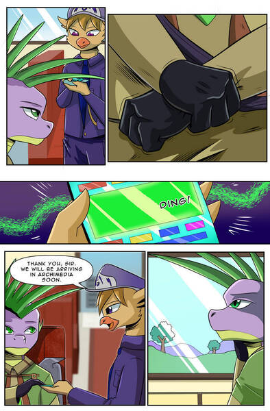 Size: 724x1103 | Tagged: safe, artist:candyclumsy, derpibooru import, spike, oc, dragon, gryphon, comic:revolution of harmony, griffon oc, image, jpeg, nervous, older, older spike, scenery