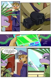 Size: 724x1103 | Tagged: safe, artist:candyclumsy, derpibooru import, spike, oc, dragon, gryphon, comic:revolution of harmony, griffon oc, image, jpeg, nervous, older, older spike, scenery