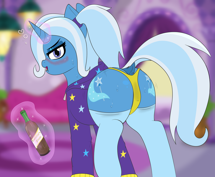 Size: 2620x2160 | Tagged: artist needed, suggestive, derpibooru import, trixie, pony, unicorn, alcohol, alternate hairstyle, babysitter trixie, blushing, bottle, cameltoe, clothes, drool, drunk, heart, hoodie, image, panties, png, ponytail, raised leg, raised tail, socks, solo, sweater, tail, twerking, underwear, wet panties, wine, wine bottle