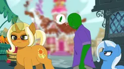 Size: 3840x2160 | Tagged: artist needed, suggestive, derpibooru import, sunflower spectacle, trixie, oc, oc:anon, human, pony, unicorn, angry, apple, blushing, buttplug, carrot, cute, distracted boyfriend meme, female, food, heart, huff, image, looking at butt, madorable, meme, milf, png, ponified meme, raised tail, sex toy, sugarcube corner, tail
