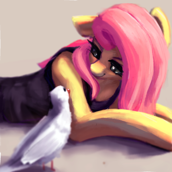 Size: 1382x1382 | Tagged: safe, artist:rainsketch, derpibooru import, fluttershy, bird, semi-anthro, image, lying down, png, solo