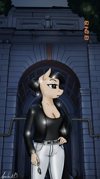 Size: 1400x2500 | Tagged: safe, alternate version, artist:apocheck13, derpibooru import, oc, oc:elya, anthro, earth pony, arch, belt, breasts, cleavage, clothes, earth pony oc, female, image, jacket, jeans, keychain, looking away, pants, png