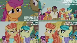 Size: 1280x720 | Tagged: safe, derpibooru import, edit, edited screencap, editor:quoterific, screencap, aunt holiday, auntie lofty, cheerilee, derpy hooves, gabby, gallus, mane allgood, scootaloo, snap shutter, sugar belle, terramar, trouble shoes, alicorn, classical hippogriff, earth pony, gryphon, hippogriff, pegasus, pony, season 9, the last crusade, spoiler:s09, female, filly, flying, foal, image, male, mare, open mouth, open smile, png, smiling, spread wings, stallion, text, wings