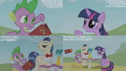 Size: 1280x720 | Tagged: safe, derpibooru import, edit, edited screencap, editor:quoterific, screencap, savoir fare, spike, twilight sparkle, dragon, earth pony, pony, unicorn, season 1, the ticket master, female, horte cuisine, image, jpeg, male, mare, open mouth, smiling, stallion, text, trio, unicorn twilight