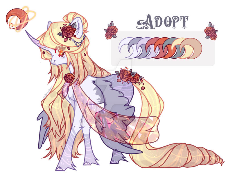 Size: 1920x1468 | Tagged: safe, artist:dillice, derpibooru import, oc, unofficial characters only, alicorn, pony, alicorn oc, deviantart watermark, female, flower, flower in hair, hoof fluff, horn, image, jpeg, mare, obtrusive watermark, solo, watermark, wings