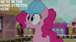 Size: 1280x720 | Tagged: safe, derpibooru import, edit, edited screencap, editor:quoterific, screencap, pinkie pie, earth pony, pony, mmmystery on the friendship express, season 2, female, friendship express, grin, helmet, image, jpeg, locomotive, mare, smiling, solo, steam locomotive, text, train, train station