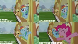 Size: 1280x720 | Tagged: safe, derpibooru import, edit, edited screencap, editor:quoterific, screencap, applejack, pinkie pie, rainbow dash, earth pony, pegasus, pony, a canterlot wedding, season 2, ^^, applejack's hat, cowboy hat, cute, dashabetes, diapinkes, eyes closed, female, friendship express, hat, image, locomotive, mare, open mouth, open smile, png, smiling, steam locomotive, text, train, trio