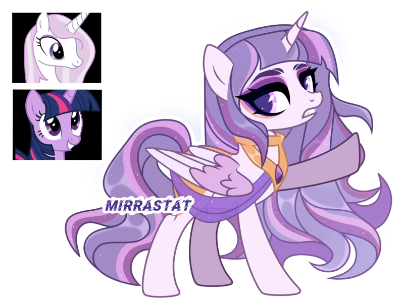 Size: 3389x2538 | Tagged: safe, artist:mirrastat, derpibooru import, fleur-de-lis, twilight sparkle, twilight sparkle (alicorn), oc, alicorn, pony, alicorn oc, base used, eyelashes, female, horn, image, magical lesbian spawn, makeup, mare, offspring, parent:fleur-de-lis, parent:twilight sparkle, png, raised hoof, simple background, smiling, transparent background, wings