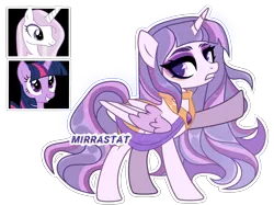 Size: 3389x2538 | Tagged: safe, artist:mirrastat, derpibooru import, fleur-de-lis, twilight sparkle, twilight sparkle (alicorn), oc, alicorn, pony, alicorn oc, base used, eyelashes, female, horn, image, magical lesbian spawn, makeup, mare, offspring, parent:fleur-de-lis, parent:twilight sparkle, png, raised hoof, simple background, smiling, transparent background, wings