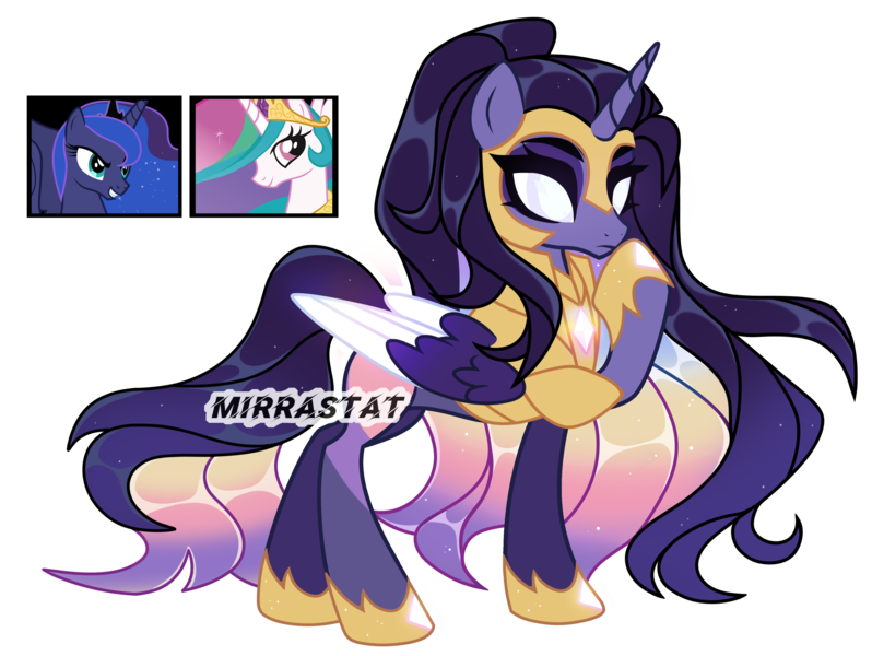 Size: 3820x2872 | Tagged: safe, artist:mirrastat, derpibooru import, princess celestia, princess luna, oc, alicorn, pony, alicorn oc, armor, base used, eyelashes, female, hoof shoes, horn, image, magical lesbian spawn, mare, offspring, parent:princess celestia, parent:princess luna, png, raised hoof, simple background, smiling, transparent background, white eyes, wings