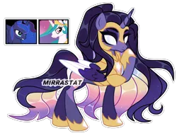 Size: 3820x2872 | Tagged: safe, artist:mirrastat, derpibooru import, princess celestia, princess luna, oc, alicorn, pony, alicorn oc, armor, base used, eyelashes, female, hoof shoes, horn, image, magical lesbian spawn, mare, offspring, parent:princess celestia, parent:princess luna, png, raised hoof, simple background, smiling, transparent background, white eyes, wings