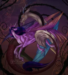 Size: 1280x1424 | Tagged: safe, artist:shimmer-fox, derpibooru import, discord, twilight sparkle, twilight sparkle (alicorn), alicorn, draconequus, 2022, absurd resolution, discolight, duo, female, horn, image, jpeg, large wings, long tail, male, shipping, signature, straight, tail, wings