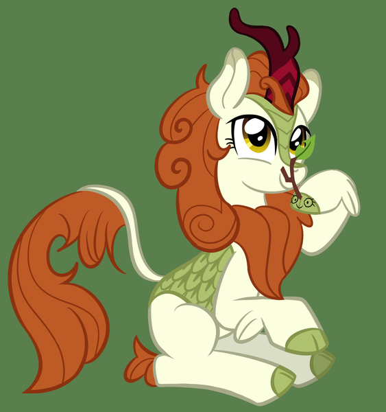 Size: 997x1063 | Tagged: safe, artist:nonameorous, derpibooru import, autumn blaze, kirin, sounds of silence, awwtumn blaze, cute, female, green background, image, leaf, png, simple background, smiling, stick