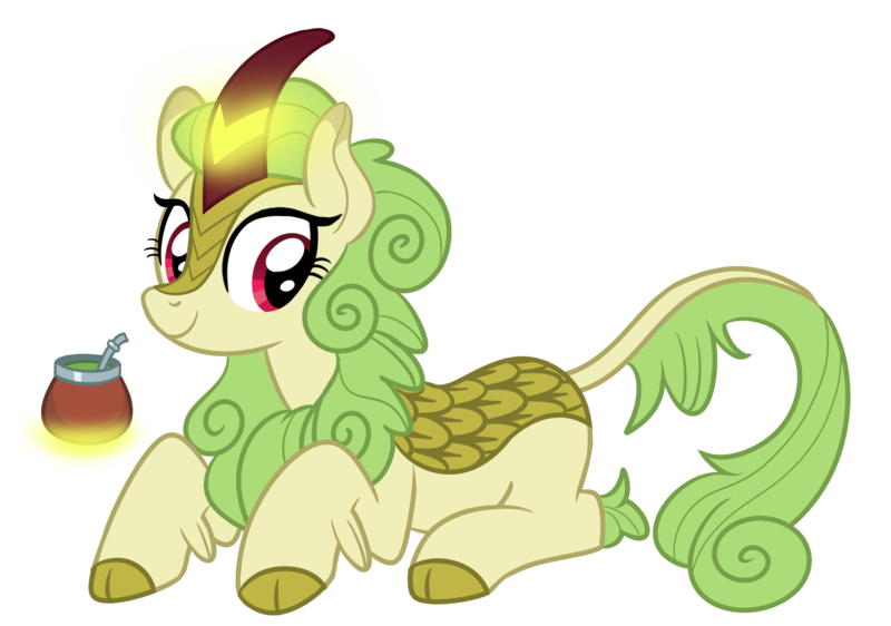 Size: 1750x1230 | Tagged: safe, artist:nonameorous, derpibooru import, spring glow, kirin, sounds of silence, food, green, image, magic, magic aura, mate, png, simple background, sitting, smiling, tea, transparent background