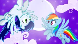 Size: 1280x720 | Tagged: safe, artist:mlplary6, derpibooru import, rainbow dash, soarin', pegasus, pony, cloud, female, flying, image, looking at each other, male, mare, moon, night, png, shipping, smiling, smiling at each other, soarindash, stallion, straight