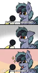 Size: 1200x2300 | Tagged: safe, artist:okopod, derpibooru import, oc, oc:scrimmy, unofficial characters only, bat pony, pony, 3 panel comic, :p, bat pony oc, bat wings, comic, cute, ear fluff, fangs, folded wings, gray coat, heterochromia, image, meme, microphone, png, scared, simple background, smiling, solo, stars, text, tongue out, wings