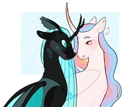 Size: 1280x1079 | Tagged: safe, artist:s0ftserve, derpibooru import, princess celestia, queen chrysalis, alicorn, changeling, changeling queen, alternate design, blushing, canterlot wedding 10th anniversary, chryslestia, female, image, lesbian, looking at each other, looking at someone, png, shipping, simple background, story included, transparent background