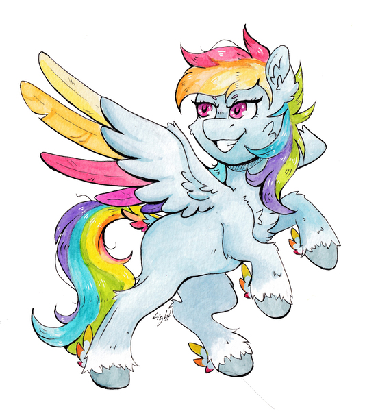 Size: 3417x3850 | Tagged: safe, artist:lightisanasshole, derpibooru import, rainbow dash, pegasus, pony, colored hooves, colored wings, female, hair, image, jpeg, messy mane, multicolored hair, rainbow hair, redraw, simple background, solo, solo female, traditional art, watercolor painting, white background, wings