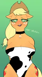 Size: 1102x2048 | Tagged: suggestive, anonymous editor, artist:immunefox, edit, applejack, anthro, earth pony, applecow, bell, big breasts, bikini, both cutie marks, breasts, busty applejack, choker, cleavage, clothes, commission, cowbell, cowkini, cowprint, cum, female, floppy ears, hypno eyes, hypnosis, image, leotard, moo, png, solo, solo female, swimsuit, swirly eyes, wide hips