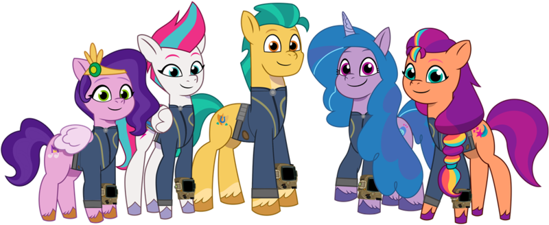 Size: 1024x420 | Tagged: safe, artist:ponygamer2020, derpibooru import, hitch trailblazer, izzy moonbow, pipp petals, sunny starscout, zipp storm, earth pony, pegasus, pony, unicorn, fallout equestria, my little pony: tell your tale, absurd resolution, adorapipp, adorazipp, clothes, cute, fallout, female, g5, group, hitchbetes, hooves, image, izzybetes, jumpsuit, looking at you, male, mane five (g5), mare, pipboy, png, show accurate, simple background, smiling, smiling at you, solo, stallion, standing, sunnybetes, tail, transparent background, unshorn fetlocks, vault suit, vector