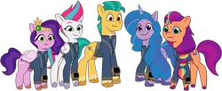 Size: 1024x420 | Tagged: safe, artist:ponygamer2020, derpibooru import, hitch trailblazer, izzy moonbow, pipp petals, sunny starscout, zipp storm, earth pony, pegasus, pony, unicorn, fallout equestria, my little pony: tell your tale, absurd resolution, adorapipp, adorazipp, clothes, cute, fallout, female, g5, group, hitchbetes, hooves, image, izzybetes, jumpsuit, looking at you, male, mane five (g5), mare, pipboy, png, show accurate, simple background, smiling, smiling at you, solo, stallion, standing, sunnybetes, tail, transparent background, unshorn fetlocks, vault suit, vector