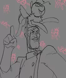 Size: 3000x3553 | Tagged: safe, artist:anonymous, bee pony, human, original species, dr. bees, drawthread, harry partridge, image, jpeg, pony on head, sketch