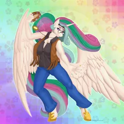 Size: 4000x4000 | Tagged: safe, artist:sintacle, derpibooru import, princess celestia, alicorn, anthro, pony, unguligrade anthro, abstract background, bellbottoms, big breasts, breasts, busty princess celestia, cleavage, clothes, female, glasses, hippie, image, jewelry, jpeg, large wings, looking at you, mare, musical instrument, nail polish, necklace, pants, smiling, smiling at you, solo, tambourine, vest, wings