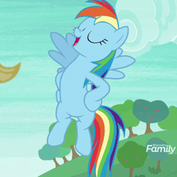 Size: 463x464 | Tagged: safe, derpibooru import, screencap, applejack, rainbow dash, earth pony, pegasus, pony, non-compete clause, season 8, spoiler:s08, animated, butt, cropped, discovery family, discovery family logo, female, flying, gif, hooves on hips, image, logo, mare, offscreen character, plot, rainboast dash, rainbutt dash, smooth animation, solo, talking