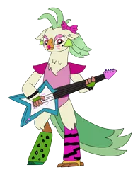 Size: 2448x3264 | Tagged: safe, artist:supahdonarudo, derpibooru import, captain celaeno, avian, bird, parrot, my little pony: the movie, bow, clothes, ear piercing, earring, five nights at freddy's, five nights at freddy's: security breach, glam rock, glamrock chica, guitar, holding, image, jewelry, leggings, lipstick, makeup, musical instrument, piercing, png, simple background, transparent background