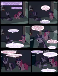 Size: 1042x1358 | Tagged: safe, artist:dendoctor, derpibooru import, mean twilight sparkle, pinkie pie, twilight sparkle, twilight sparkle (alicorn), alicorn, earth pony, pony, comic:clone.., alternate universe, clone, clothes, comic, female, image, injured, jpeg, pinkie clone, rain