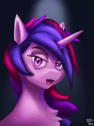 Size: 1000x1346 | Tagged: safe, artist:vezja, derpibooru import, twilight sparkle, pony, unicorn, bust, chest fluff, female, horn, image, looking at you, mare, open mouth, png, portrait, signature, simple background, spotlight, teeth, unicorn twilight