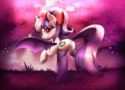 Size: 3082x2237 | Tagged: safe, artist:allysterblack, artist:confetticakez, derpibooru import, oc, oc:sweet velvet, unofficial characters only, bat pony, pony, bat pony oc, bat wings, blushing, bow, cherry blossoms, clothes, collaboration, cute, flower, flower blossom, flower in hair, flower petals, forest, image, lake, looking at you, looking back, looking back at you, png, ponytail, raised hoof, socks, solo, thigh highs, tree, wings